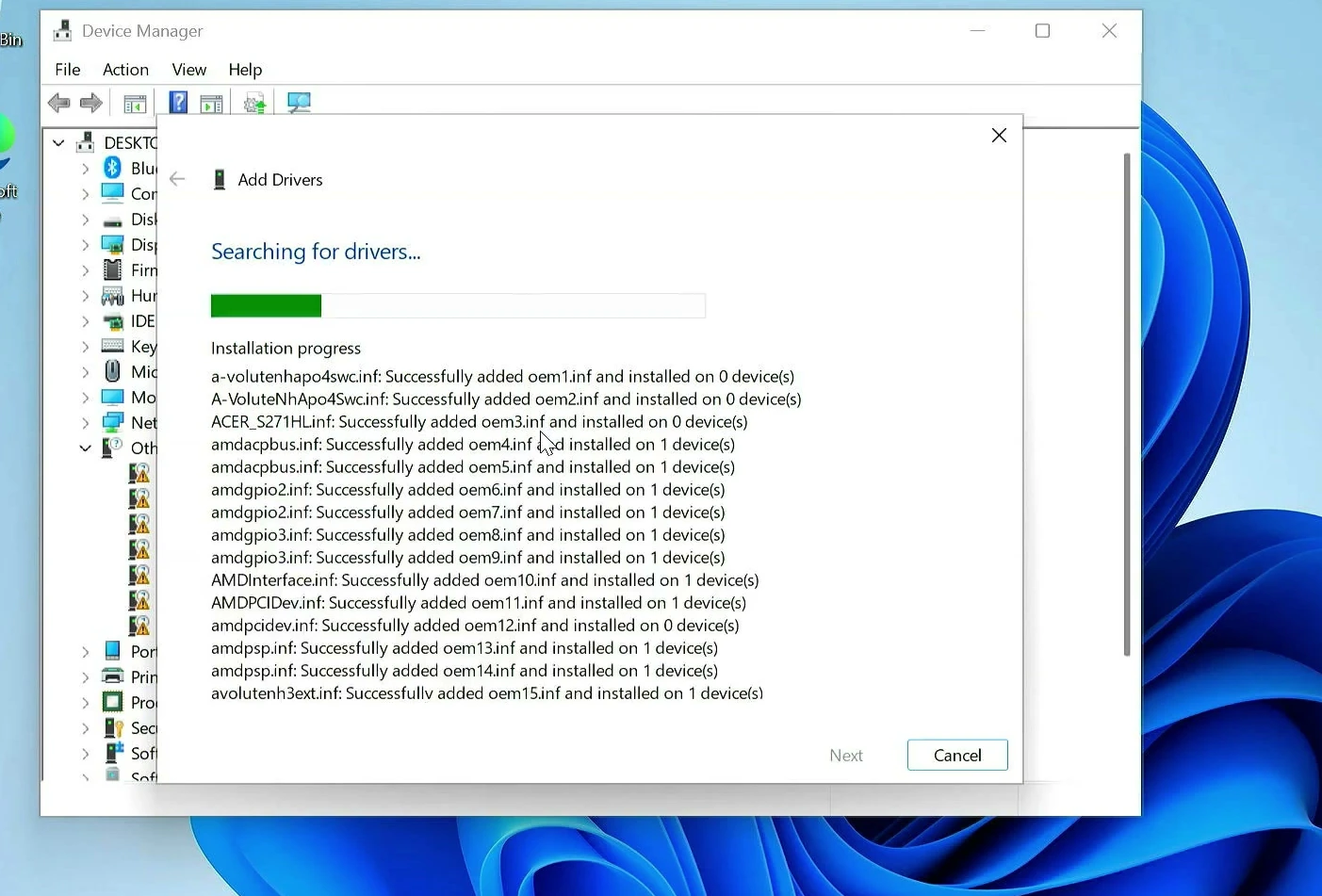Windows Add Drivers wizard searching and installing compatible driver packages