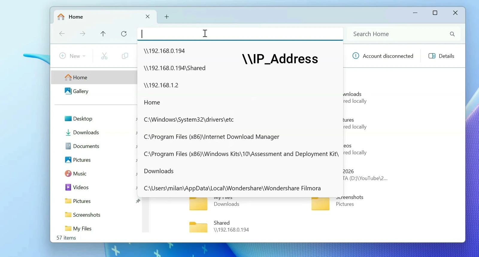 Entering the Ubuntu network address in Windows File Explorer
