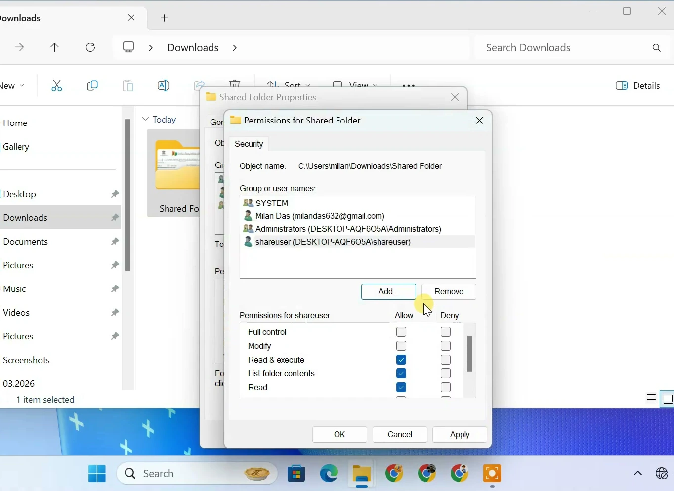 Windows Security permissions for the Shared Folder and local sharing account