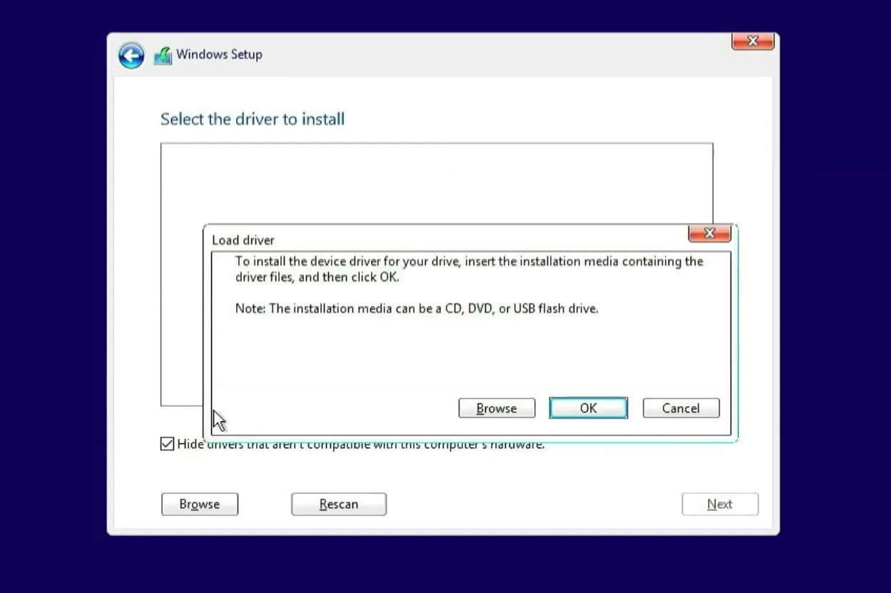 Windows Setup Load driver dialog asks for storage driver files