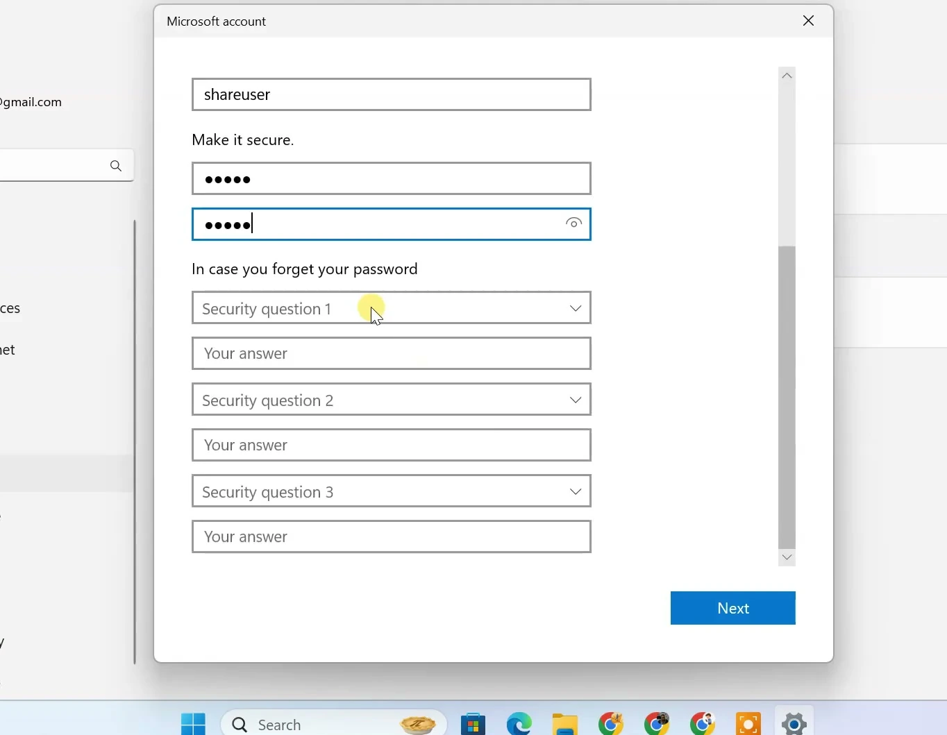 Windows 11 local user account setup with a username and password fields