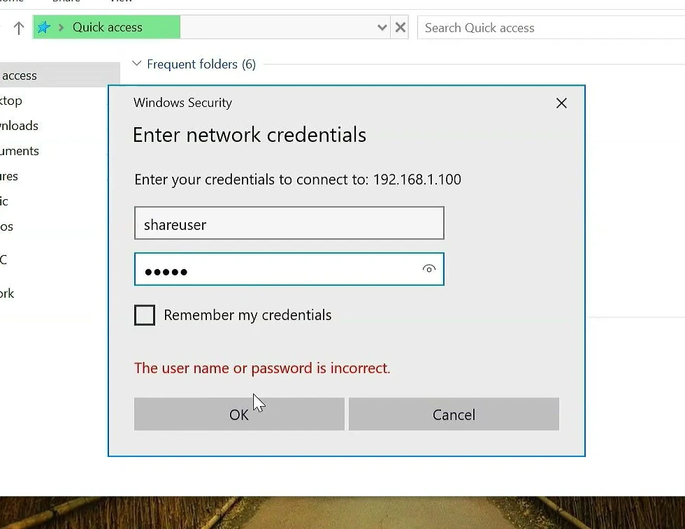 Windows Security network credentials prompt for the shared computer