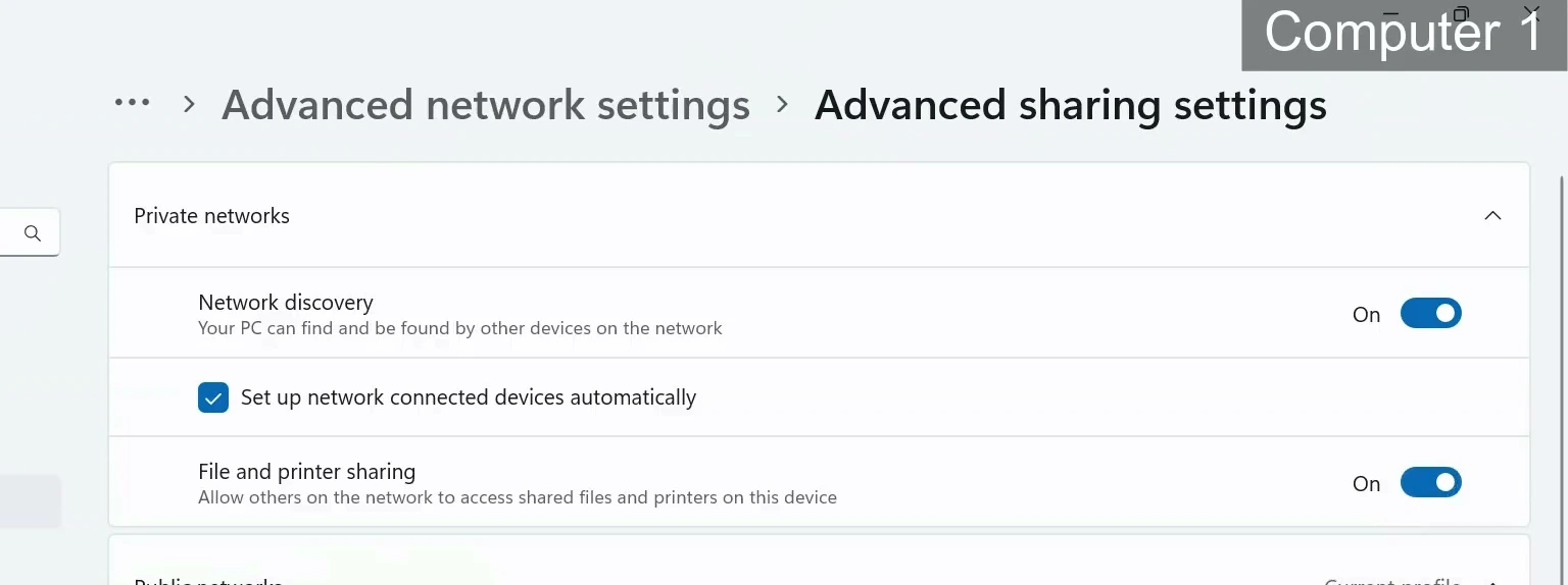 Network discovery and file and printer sharing enabled in Private networks settings