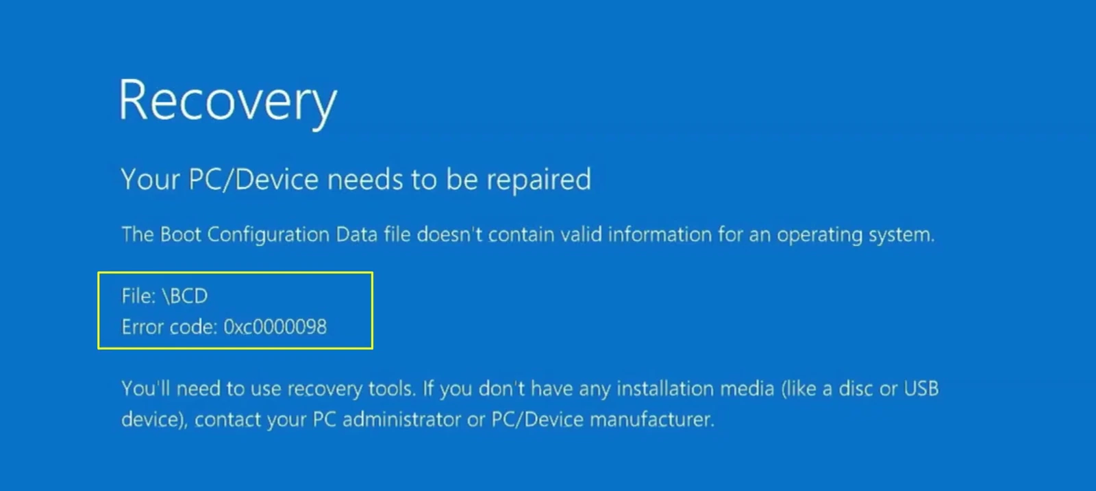 Windows recovery error 0xc0000098 indicating invalid boot configuration data