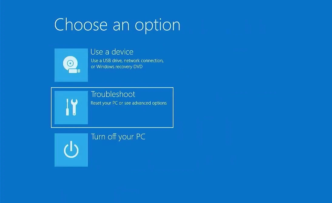 Windows recovery Choose an option screen with Troubleshoot highlighted