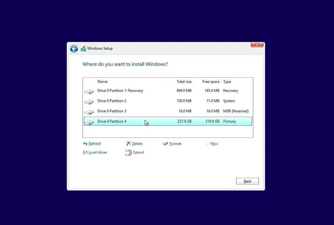 Windows Setup now lists the detected SSD and its partitions