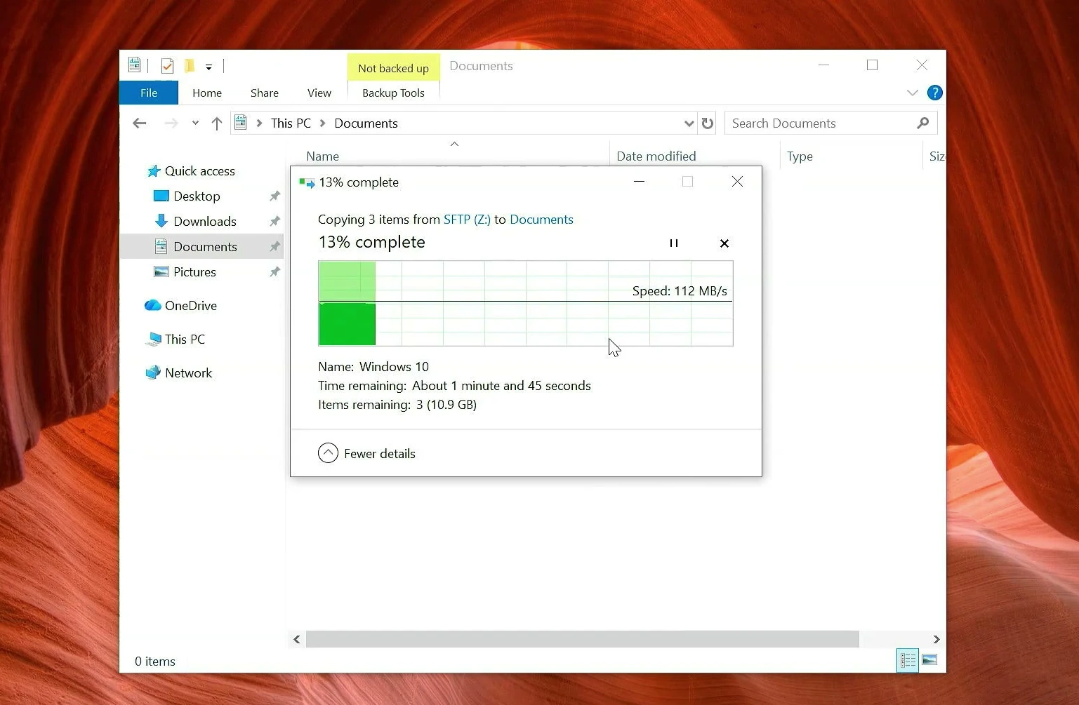 Windows File Explorer copying files into the mounted SFTP drive
