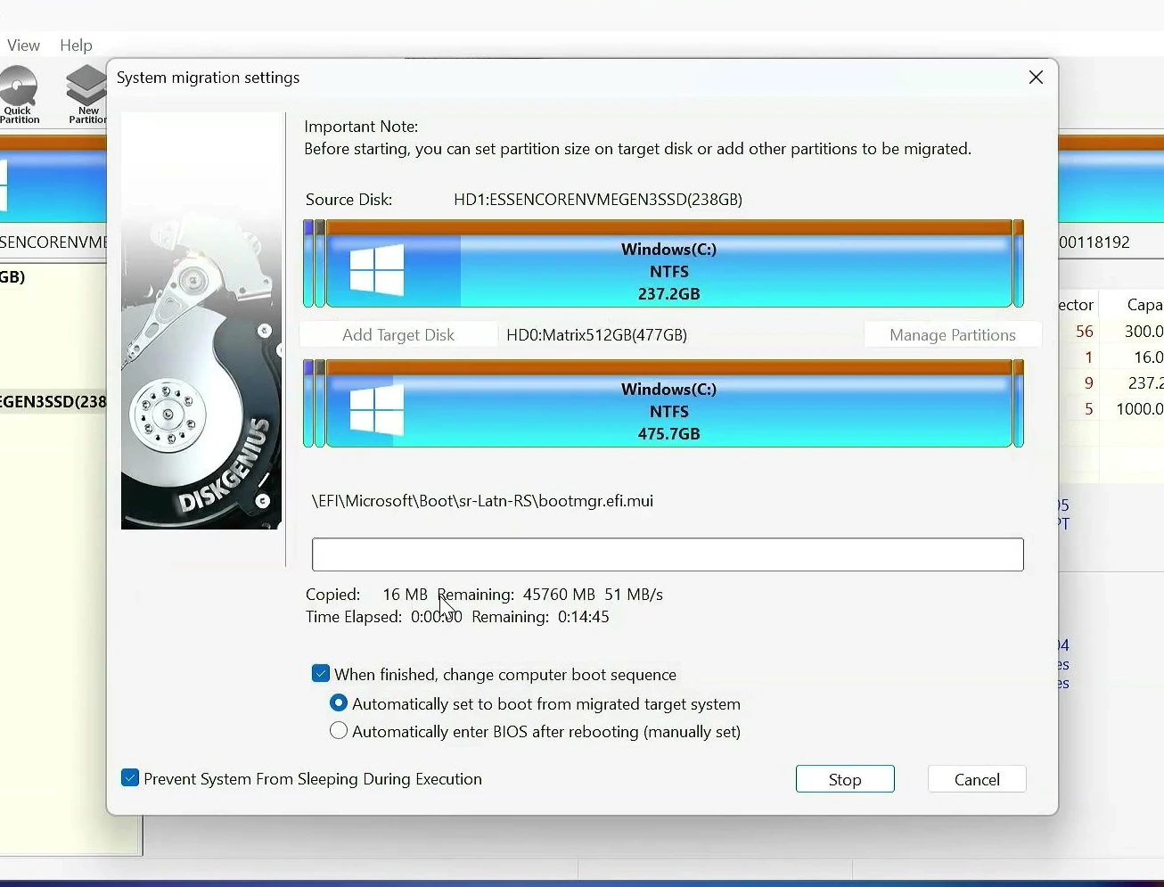 Windows system migration copying files to the new SSD in DiskGenius