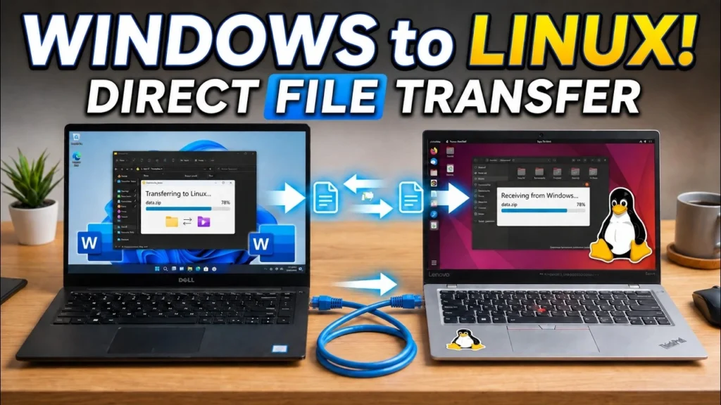 Connect Windows 11 and Ubuntu with an Ethernet cable, share a folder securely, and copy large files between both computers without Wi-Fi.