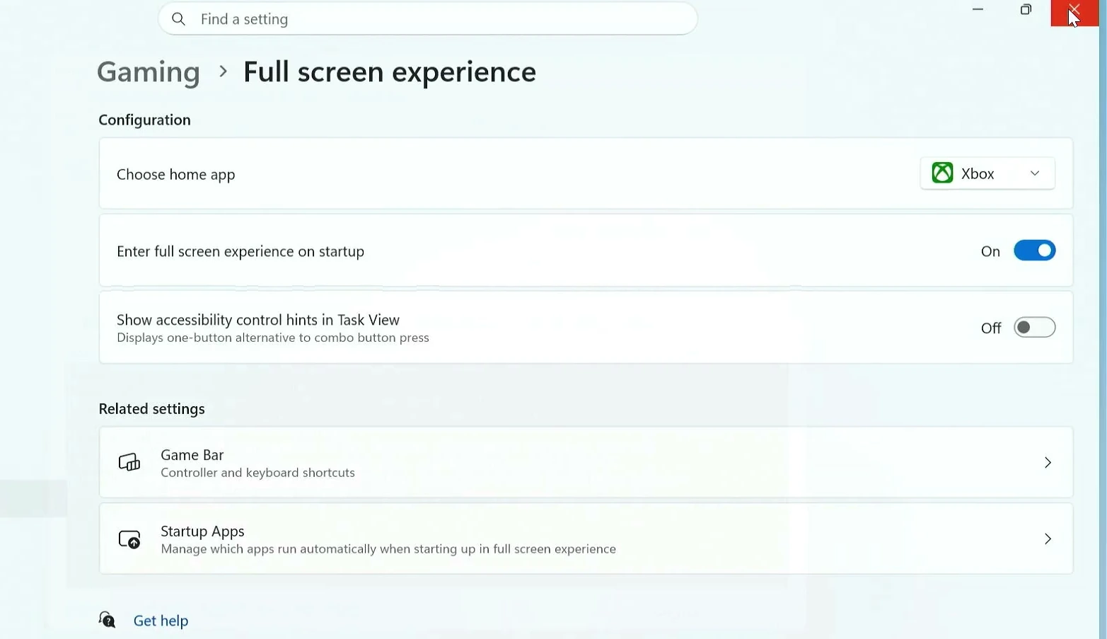 Windows Full screen experience settings with Xbox selected as home app and startup enabled