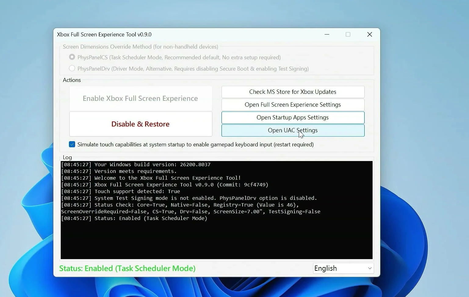 Xbox Full Screen Experience Tool showing enabled status and setup actions
