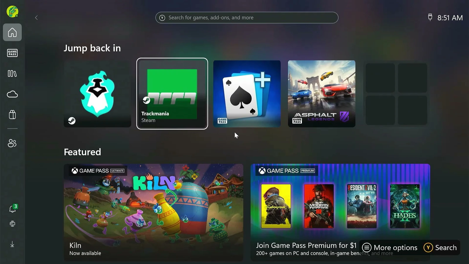 Xbox full screen gaming home showing installed games and featured titles