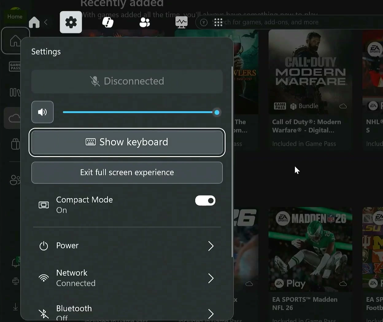 Xbox full screen Settings menu with Exit full screen experience option