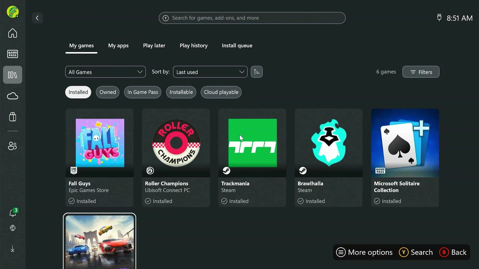 My games library in Xbox full screen experience showing installed PC games
