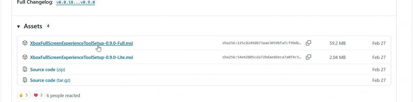 GitHub release assets listing Full and Lite Xbox Full Screen Experience Tool installers